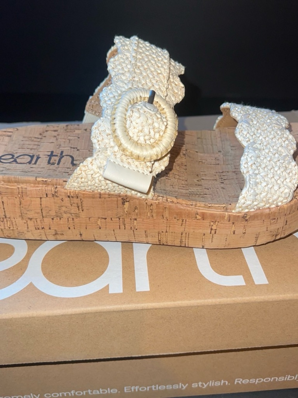 Earth Cream Woven Cork Slide Sandal with Round Buckle
